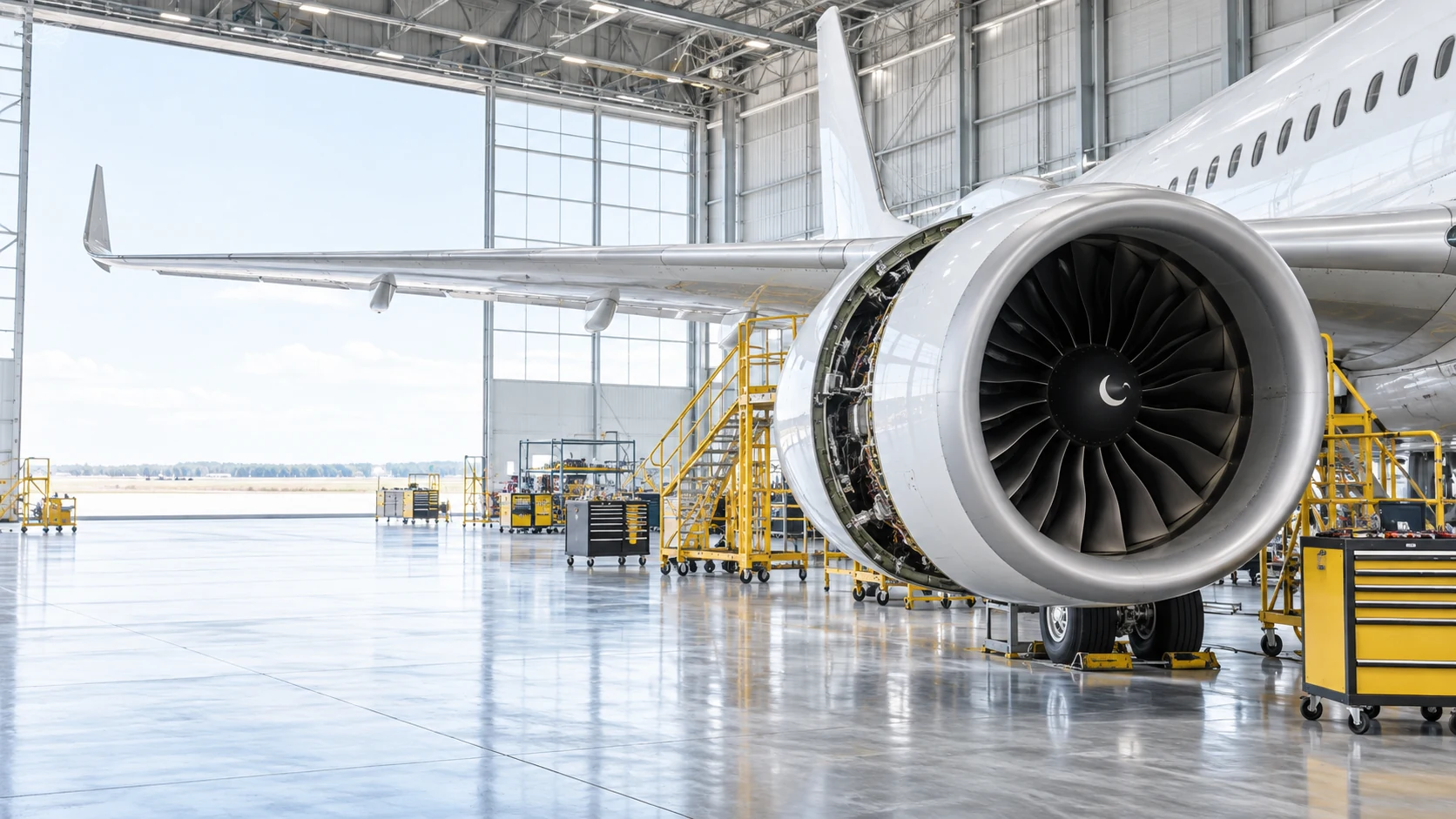 Commercial aircraft engine in maintenance hangar